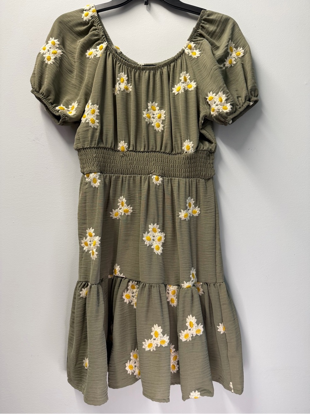 Kids Olive Green Daisy Smocked Waist Puff Sleeve Dress Size 14 (girl)